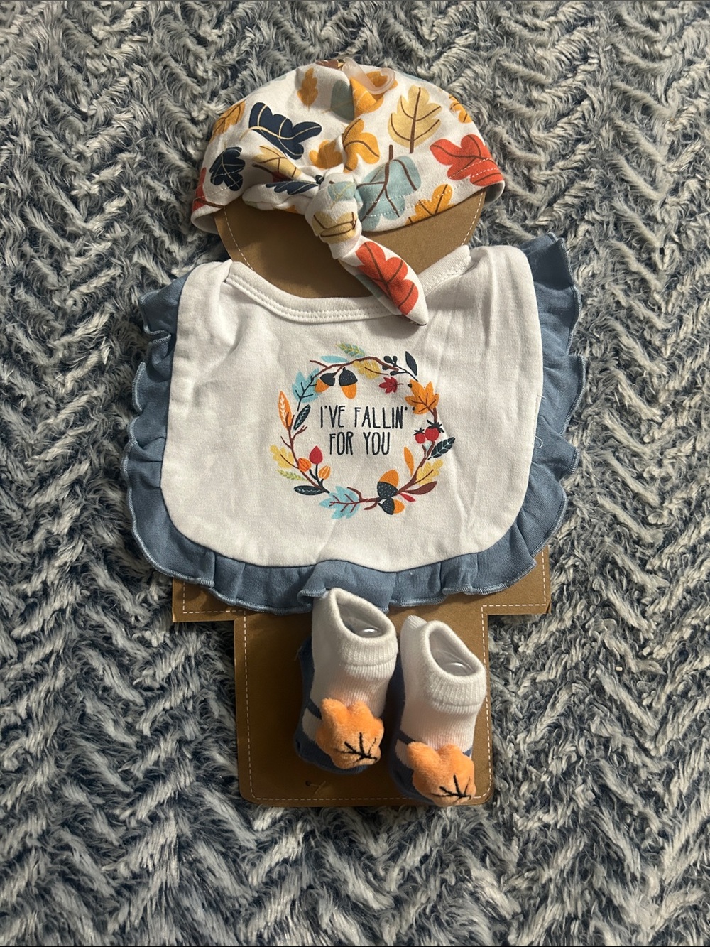 3 PC Turban, Bib & Sock Set In Autumn Leaf Motif - Baby Accessories